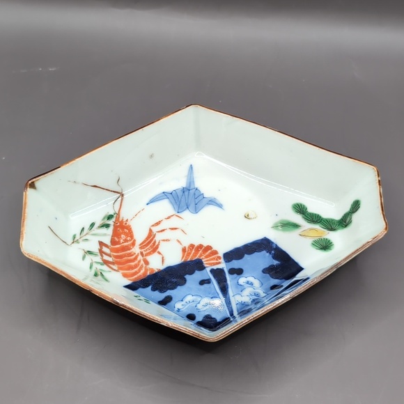 Antique Japanese Imari Porcelain Hexagonal Serving Bowl Dish Shrimp Crane Motif - Picture 3 of 14